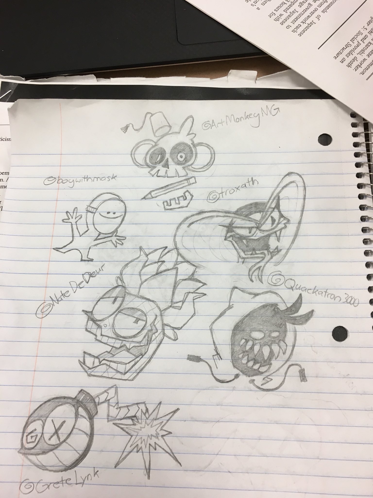 this is a photo of a sketchbook page with six character drawings on it.  the drawings appear to be original characters, and most feature monster or robot characteristics.  the drawings are done in pencil and are not colored in.  there is some text visible behind the sketchbook page.