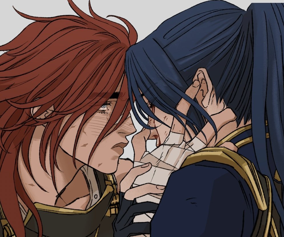 a digital art style portrait drawing of two men romantically kissing. the male on the left has red hair and a scar on his cheek, while the man on the right has dark blue hair and bandages on his hand and shoulder. both are holding hands, cheeks touching and faces close as if they are kissing.