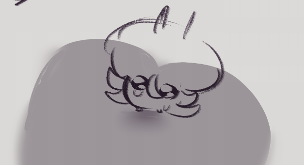 a sketch of a cartoon creature with a small head, round eyes, and antennae, resting on a rounded, grey shape. the drawing is primarily made of lines.