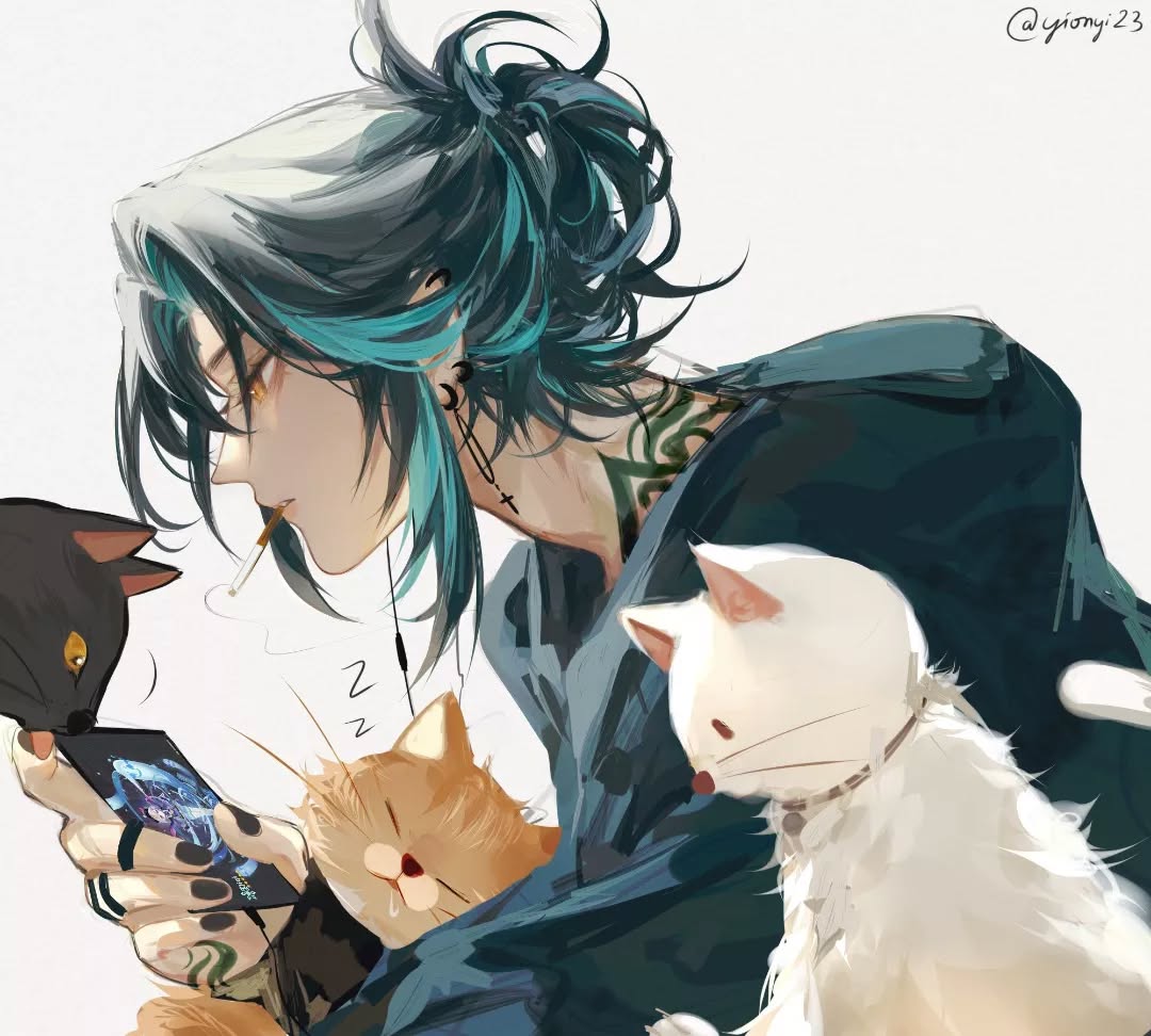 the image is a digital painting or fanart depicting a stylish anime boy with teal and gray hair styled in a man bun. he has several tattoos visible on his neck and arms, and wears dark clothing, a hoodie or jacket, and various accessories including earrings and a cross necklace.  he's casually holding a smartphone while surrounded by three cats: a black cat, an orange cat, and a white cat. the cats appear relaxed and comfortable around him.  the overall style is soft and detailed, with an emphasis on the character's expression and the cats' fluffy textures. the artist's tag "@yiony23" is visible in the upper right corner.