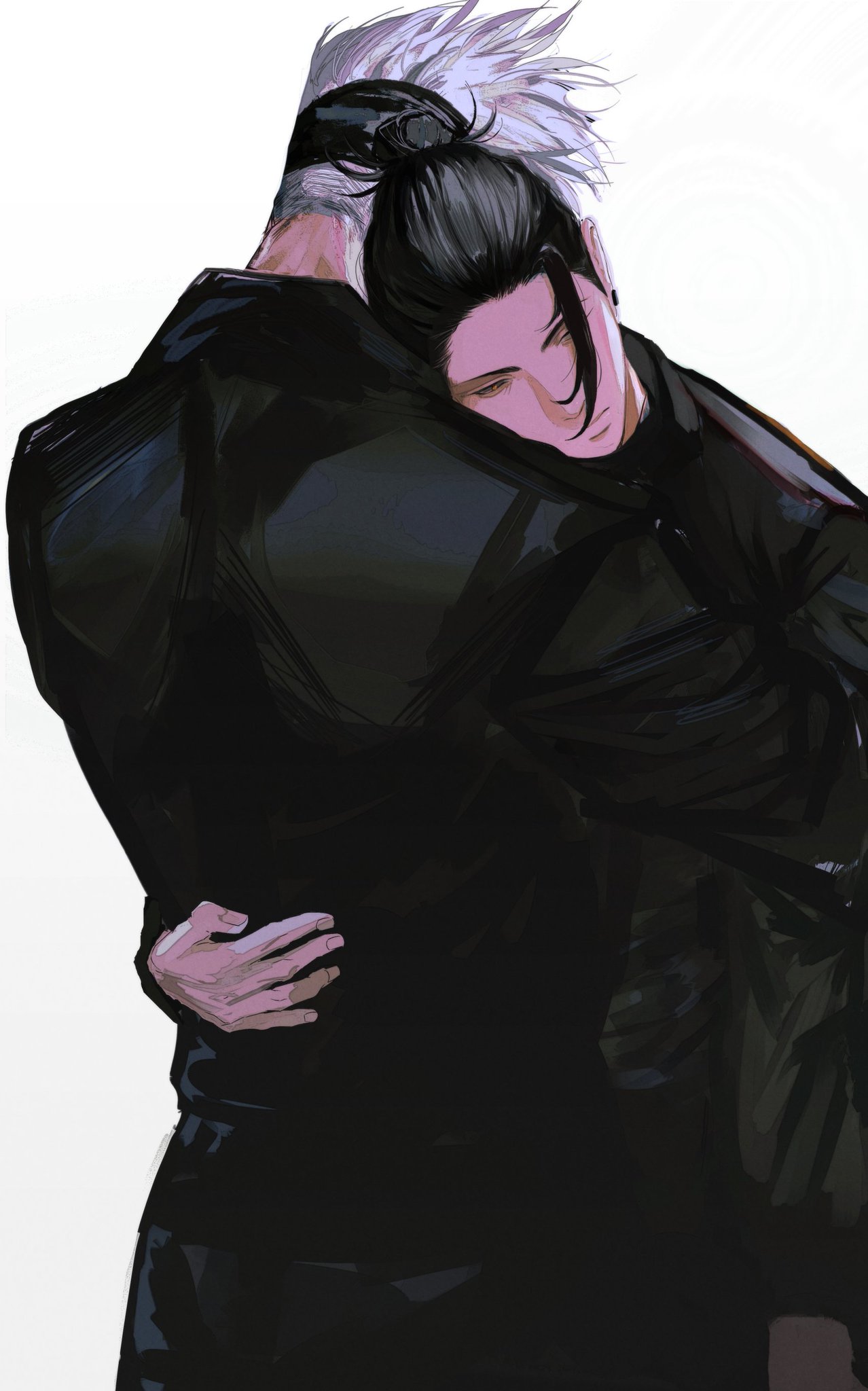 two anime boys are hugging each other. the boy with white hair is holding the boy with black hair tightly. the boy with black hair is leaning his head on the other's shoulder. they are both dressed in black clothes. they are standing in front of a white background.