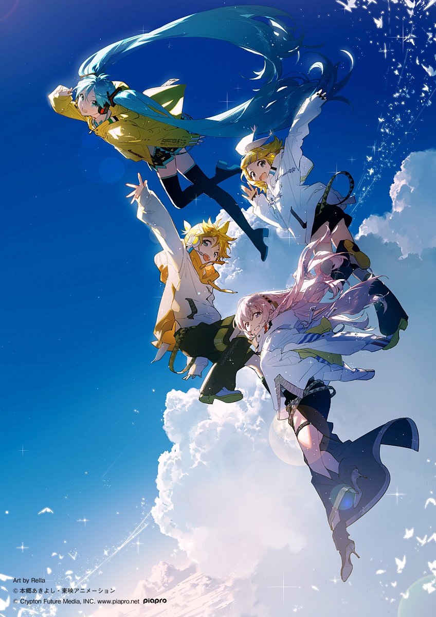 the image is an animestyle illustration featuring hatsune miku, kagamine rin, kagamine len, and megurine luka floating in a vibrant blue sky dotted with fluffy white clouds. hatsune miku, with her iconic long turquoise pigtails and yellow jacket, leads the group from the top. kagamine rin, in a white jacket, follows closely. kagamine len, wearing a yellow and white outfit, is positioned slightly below them with a cheerful expression. at the bottom, megurine luka, with her pink hair and elegant white attire, completes the ensemble. the characters are surrounded by sparkling effects and small white birds, adding a magical and ethereal quality to the scene. the overall composition creates a sense of joy and freedom.