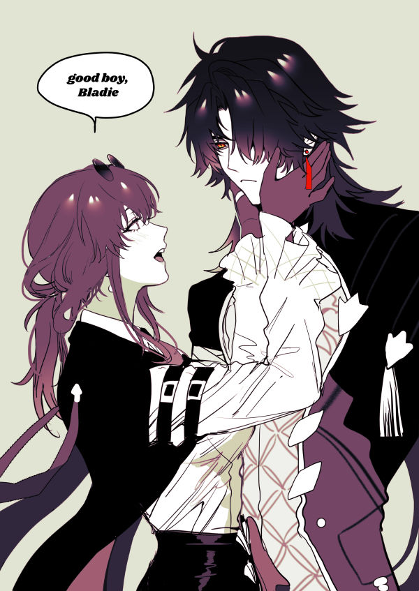 the image shows a couple, a man with black hair and red eyes and a woman with pink hair, standing close to each other. the man has his arm around the woman's waist, and she is looking up at him with a smile. the man is looking down at her with a tender expression. the background is a light beige color. the woman is wearing a black jacket with a white shirt underneath, while the man has a white shirt on with a black jacket on top. the man is wearing a black jacket with a white shirt underneath.