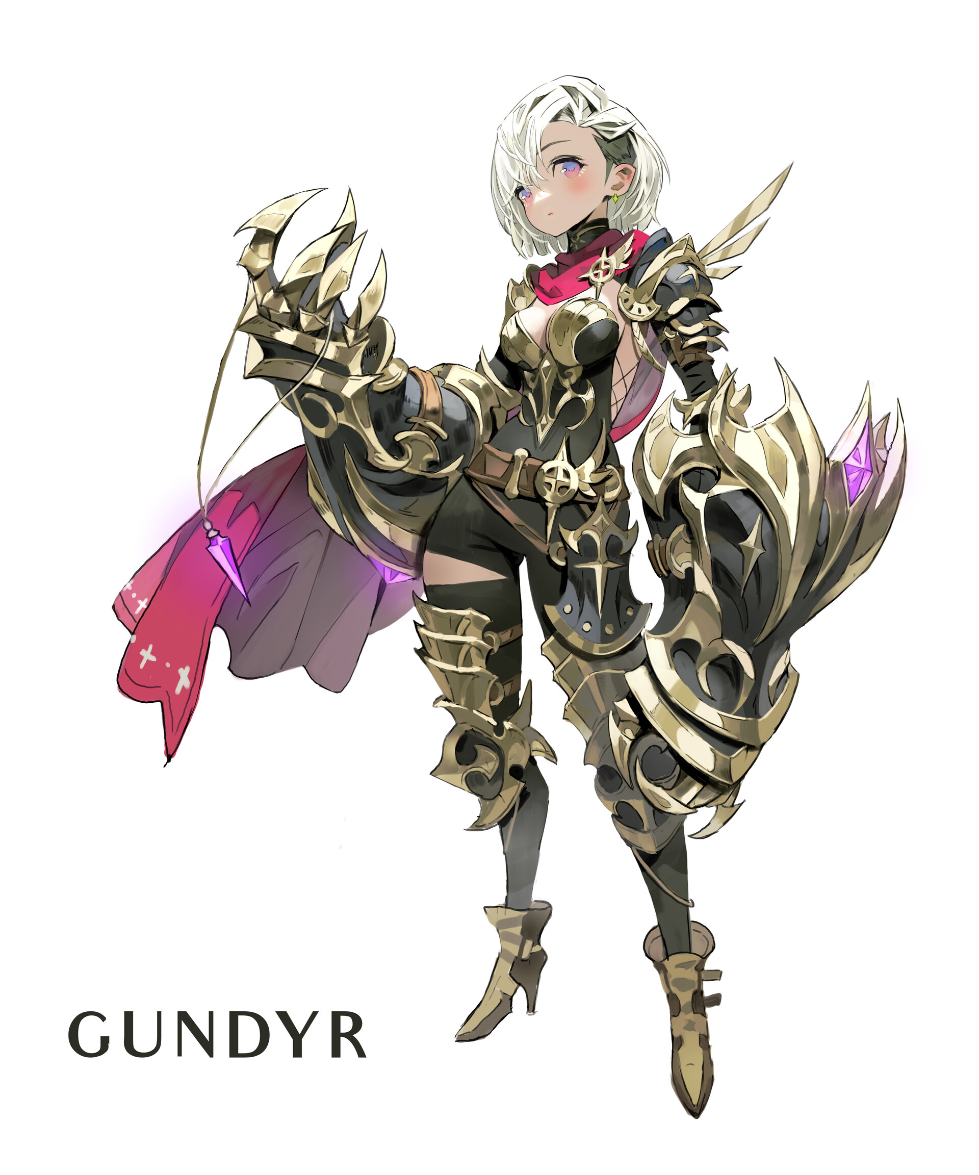 the image depicts a fullbody illustration of a female character named gundyr, designed in an anime style. she has short, white hair, fair skin, and purple eyes. she is wearing elaborate dark and gold armor and wielding a large, clawed gauntlet on her left hand. a red and purple cape is draped over her shoulders, and the text "gundyr" appears at the bottom of the image.