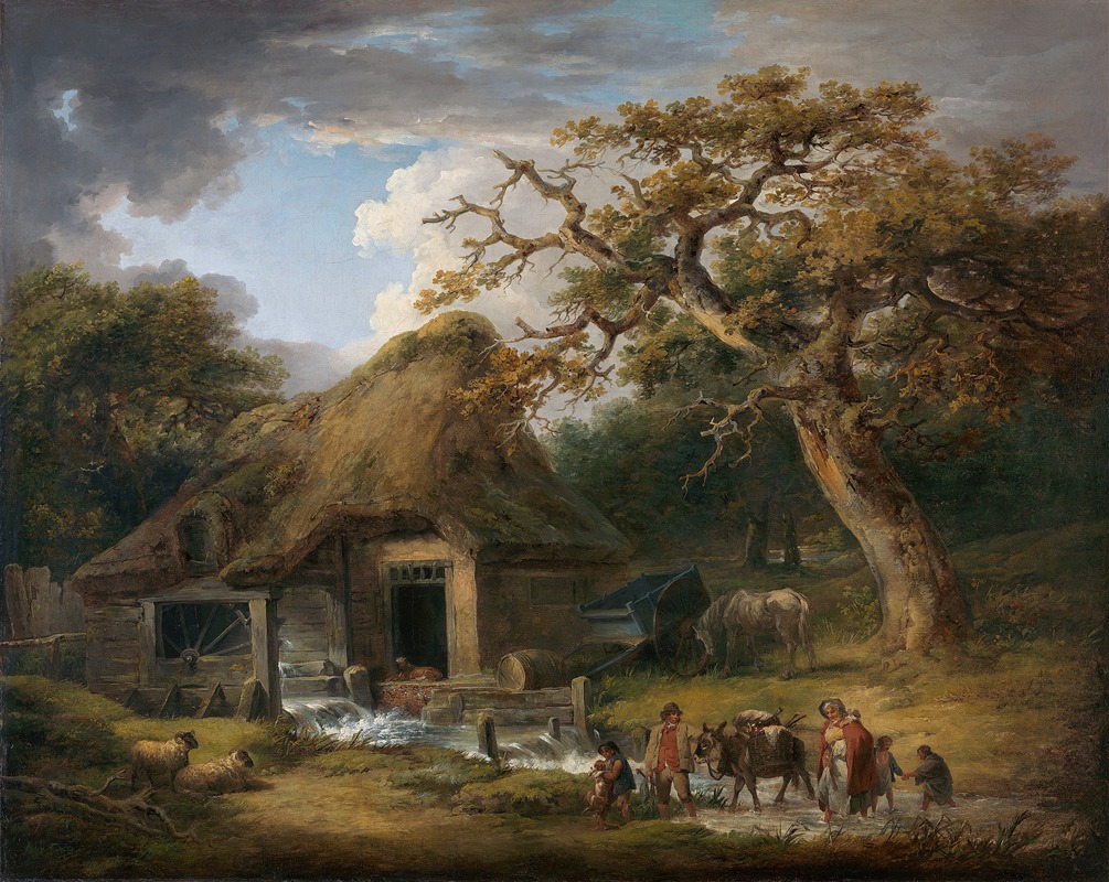 the image is a 19thcentury oil painting depicting a rural scene. a quaint cottage with a thatched roof stands beside a stream, which powers a watermill on the left side of the cottage. several sheep are resting near the stream in front of the mill. a large tree dominates the right side of the painting. a group of people, including children and adults, are crossing the stream with a donkey laden with goods. a cart and a horse are visible in the background near the cottage. the sky is filled with clouds, creating a dynamic atmosphere. the overall impression is a peaceful and idyllic countryside scene.