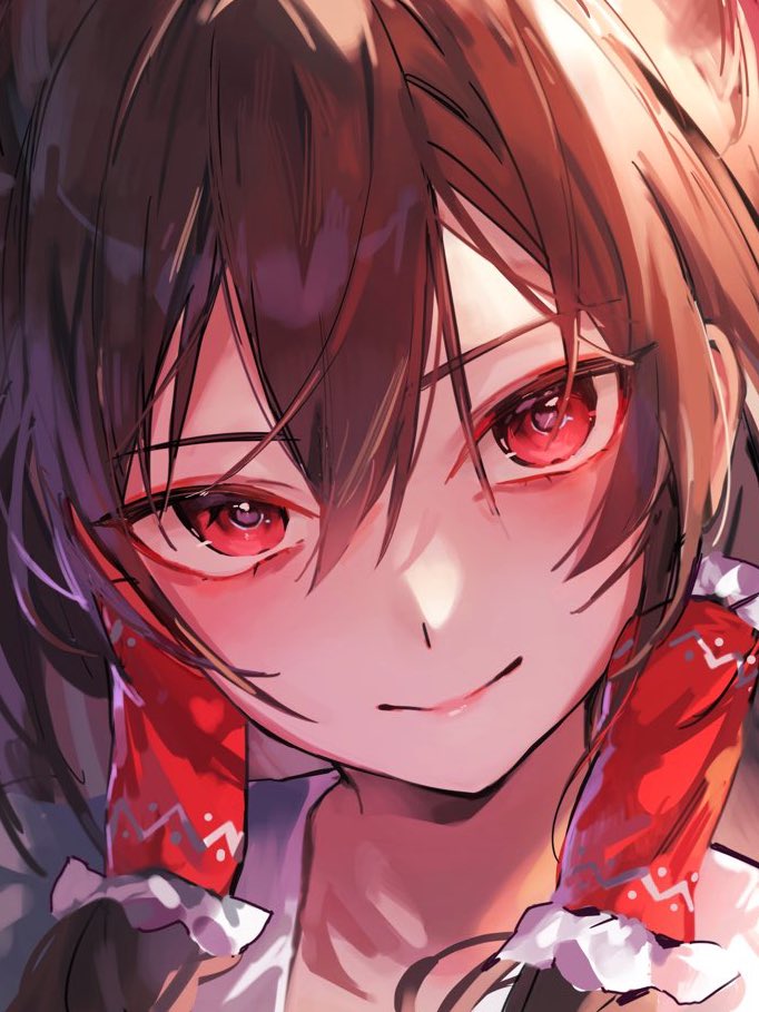 the image is a closeup digital artwork depicting an animestyle female character. she has long brown hair with bangs partially covering her forehead, bright red eyes, and a subtle blush on her cheeks.  she's wearing a white top or dress with a red ribbon or bandana accessory that drapes down from her hair, partially obscuring her shoulders. her expression is a soft, almost shy smile. the art style is vibrant and slightly painterly, with noticeable brushstrokes giving a soft texture. the overall mood is sweet and appealing, with an emphasis on the character's charming features.  the style hints at possible inspiration from virtual youtuber (vtuber) character design.