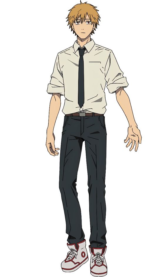 a young man with short, spiky blonde hair and brown eyes is standing against a plain white background. he is wearing a typical japanese high school uniform, consisting of a white, shortsleeved buttondown shirt, a darkcolored tie, and darkcolored pants. he also has on white and red sneakers. he has a neutral expression on his face. the image appears to be character art, possibly for promotional purposes.