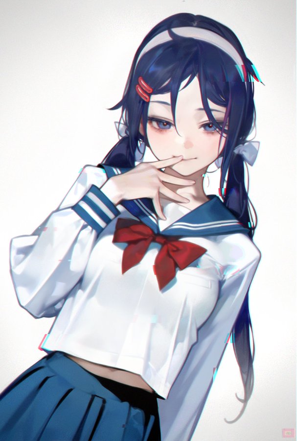the image is a digital painting or illustration of a cute anime schoolgirl. she has long, dark blue hair styled in low pigtails, accented with small red hair clips. she's wearing a classic japanese sailor uniform consisting of a white, longsleeved blouse with blue sailor collar and cuffs, and a dark blue pleated skirt.  a large, bright red bow is prominently featured at her collar. her expression is coy and slightly blushing, with one hand gently touching her lip. the art style is soft and detailed, with a focus on delicate features and shading. the overall aesthetic is kawaii and elegant. the background is a simple, light gray, making the girl the central focus of the artwork.