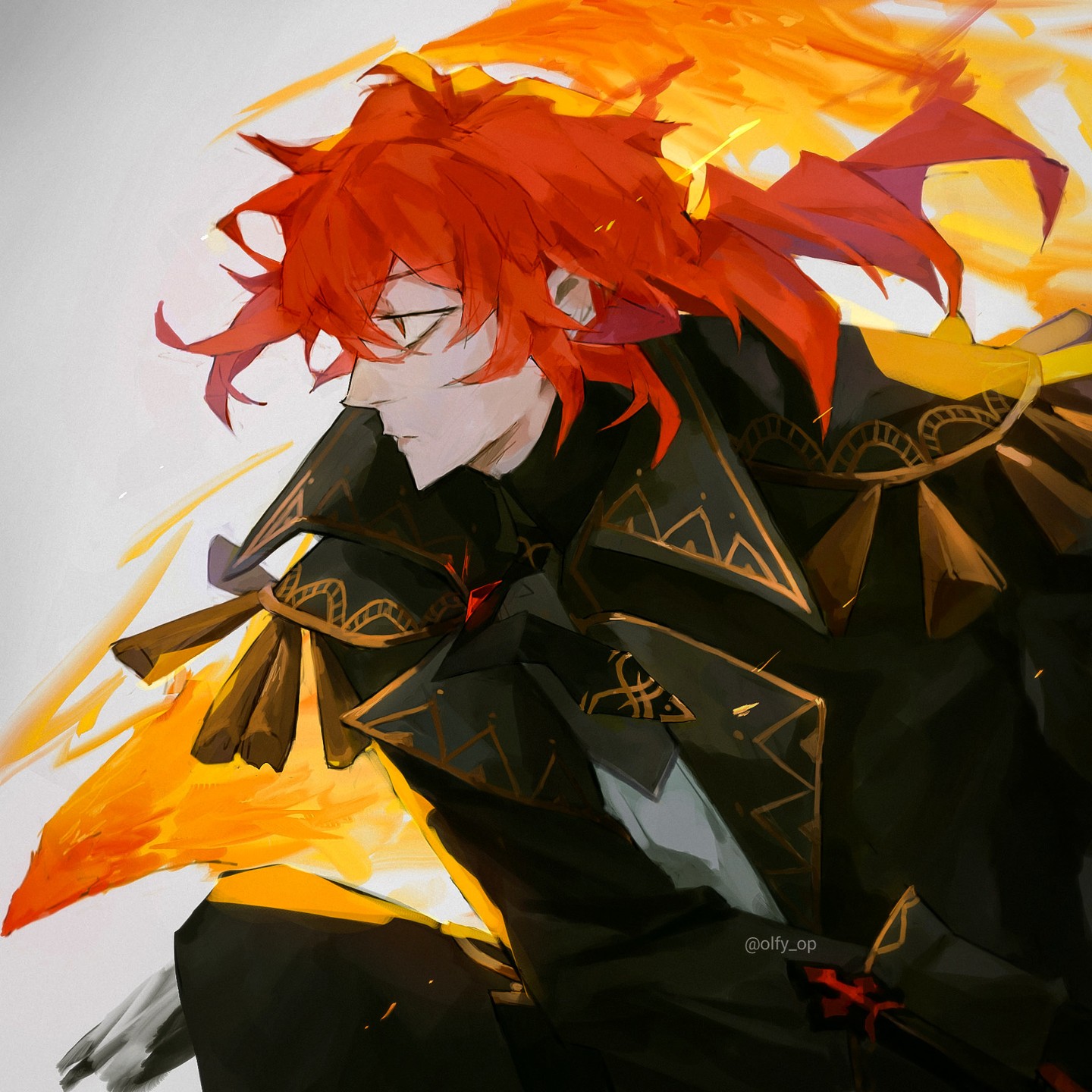 the image is a digital painting or fanart, likely depicting a character inspired by the anime or manga style. the character is male, possessing vibrant, fiery orange and red hair that seems to almost merge with the flames surrounding him. he's dressed in a dark, ornate coat with gold detailing, suggesting a regal or powerful persona.  the style is expressive and painterly, with loose brush strokes that create a sense of movement and energy. the character's expression is serious and intense, and the overall atmosphere is dramatic and visually striking. the resemblance to kaeya alberich from genshin impact is strong, though not explicitly stated.