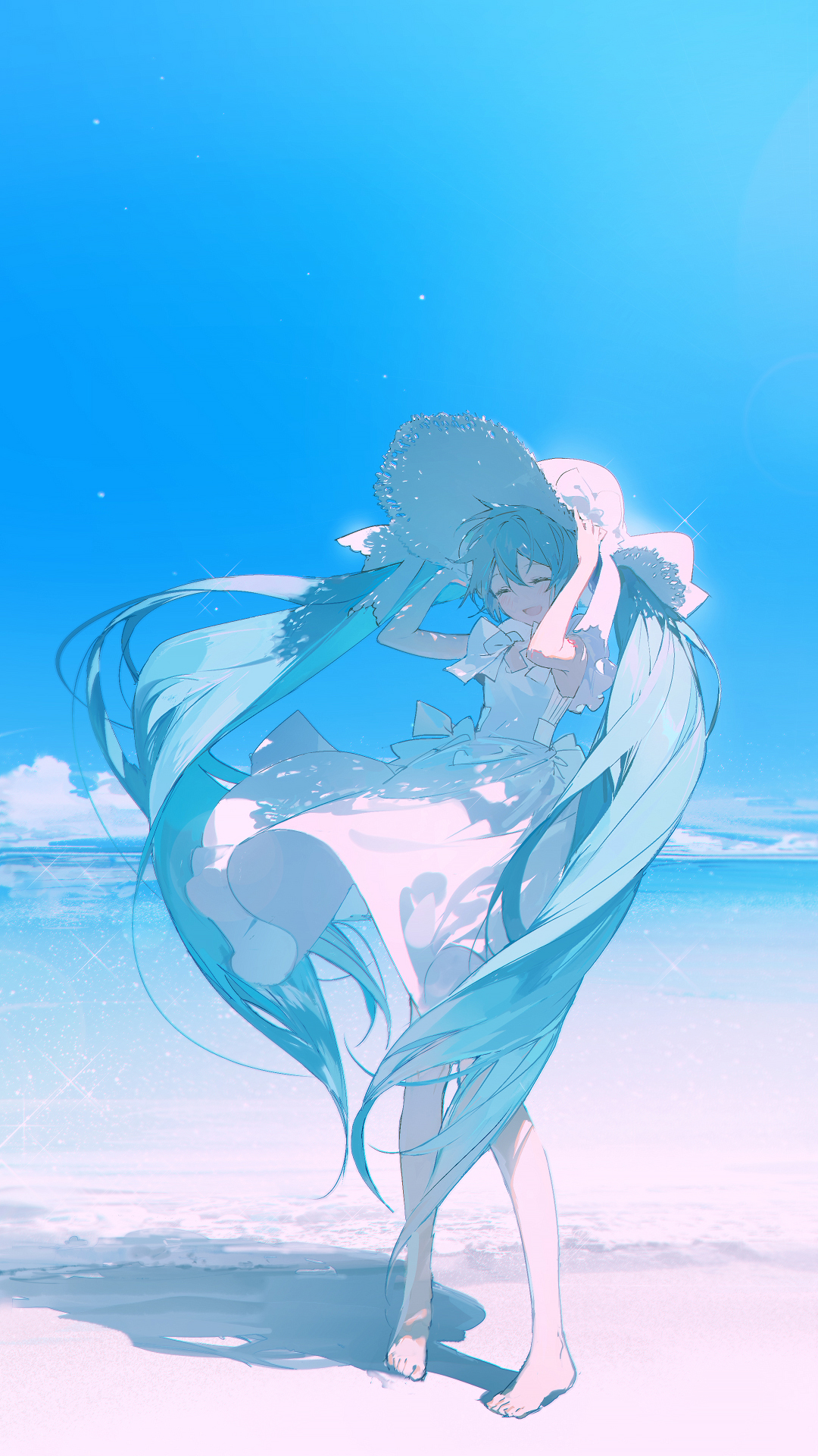 an anime girl with long blue hair stands barefoot on a beach in a white dress and hat. the sky is bright blue and the ocean is in the background.