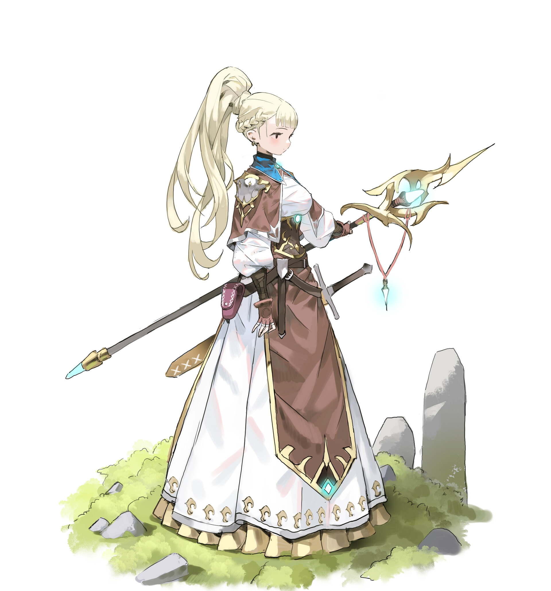 an illustration of a young woman with blonde hair in a ponytail, dressed as a fantasy priestess or mage. she wears a white dress with intricate detailing around the hem and a brown robe with light brown accents. she has a sword strapped to her waist and a small pouch attached to her belt. she is holding a golden staff with a glowing blue orb at the top. the background consists of grass and stones, suggesting a natural or ancient setting. the artwork is detailed with soft colors and appears to be from a video game or fantasy rpg concept art.