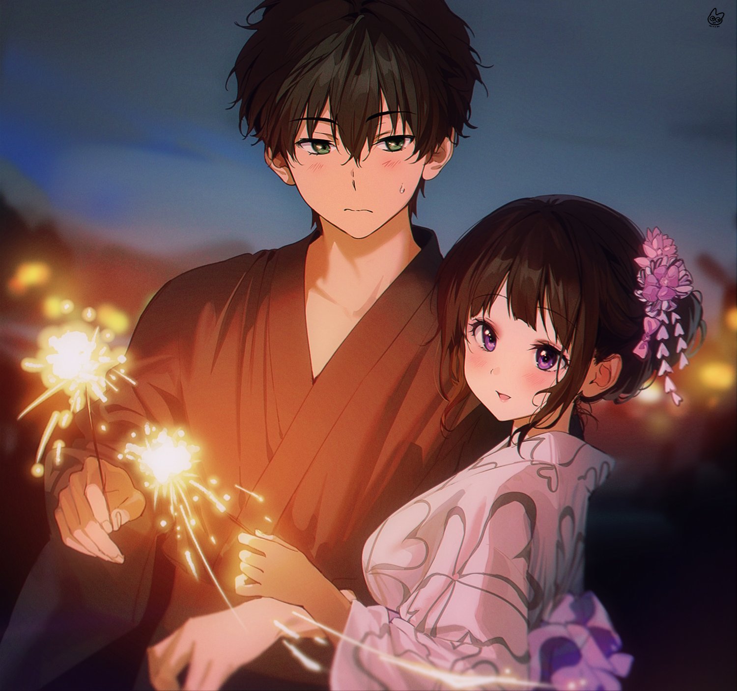 he image is a digital painting of an anime couple. the boy is wearing a dark brown yukata and the girl is wearing a light purple yukata. they are standing close to each other and holding sparklers. the background is dark and blurry, with some lights in the distance. the style of the art is very soft and romantic.