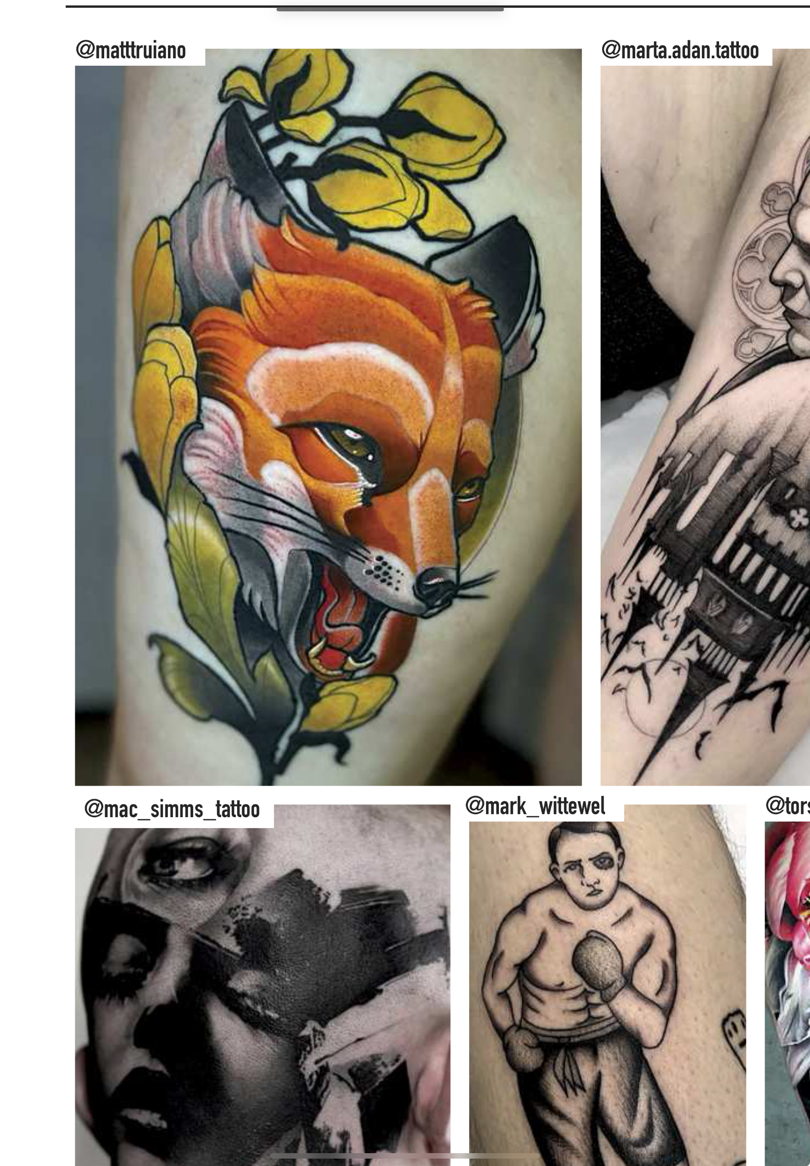 this image shows a collage of different tattoos done by different artists. the top left shows a fox tattoo with yellow flowers surrounding it. the top right shows a black and white detailed tattoo of a church with a gothic aesthetic. the bottom left is a portrait of a woman that appears to be abstract, yet realistic, done in black and white. the bottom right shows a boxer tattoo. all of the tattoos are on skin, shown on arms and legs, and are done by professional artists.