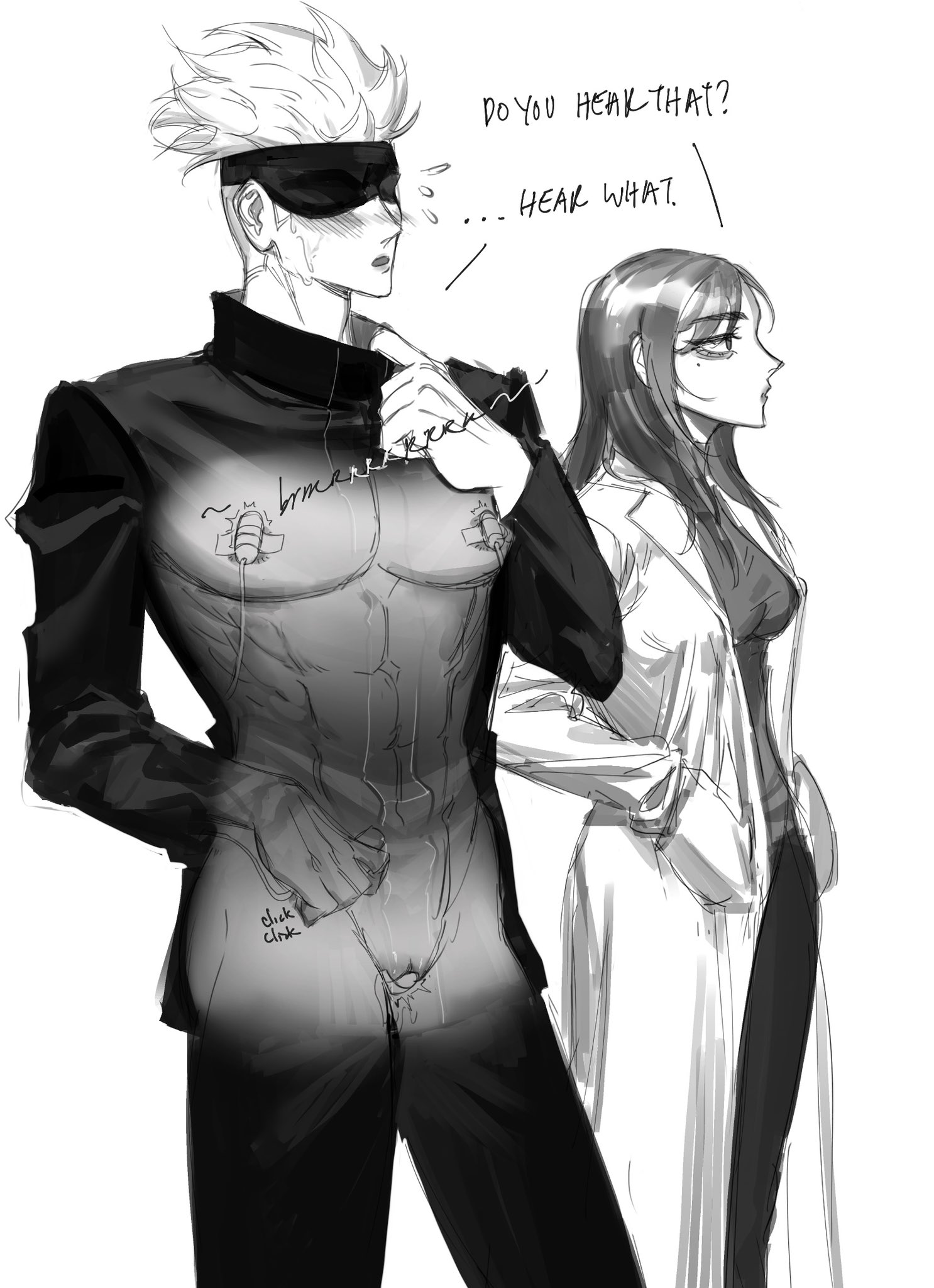 he image is a monochrome drawing depicting a man and a woman. the man is wearing a dark suitlike outfit with a harness across his chest and a blindfold. he has spiky white hair and a muscular physique. the woman is dressed in a white lab coat and dark clothing underneath, and has long dark hair. she stands slightly behind the man, looking to the side with a serious expression.  there is dialogue bubble showing a conversation between the two characters. the style is suggestive, bordering on erotic, with implied sexual tension. the overall tone is mysterious and dramatic, with a focus on the man's exposed chest and the equipment attached to him.  the drawing style is loose and sketchy, maintaining a raw quality.