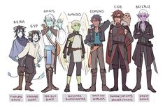 this is a digital sketch of eight original characters lined up in a row, each labeled with their name and fantasy race/class. they are all dressed in outfits that fit the fantasy genre and are drawn in a cartoon style.