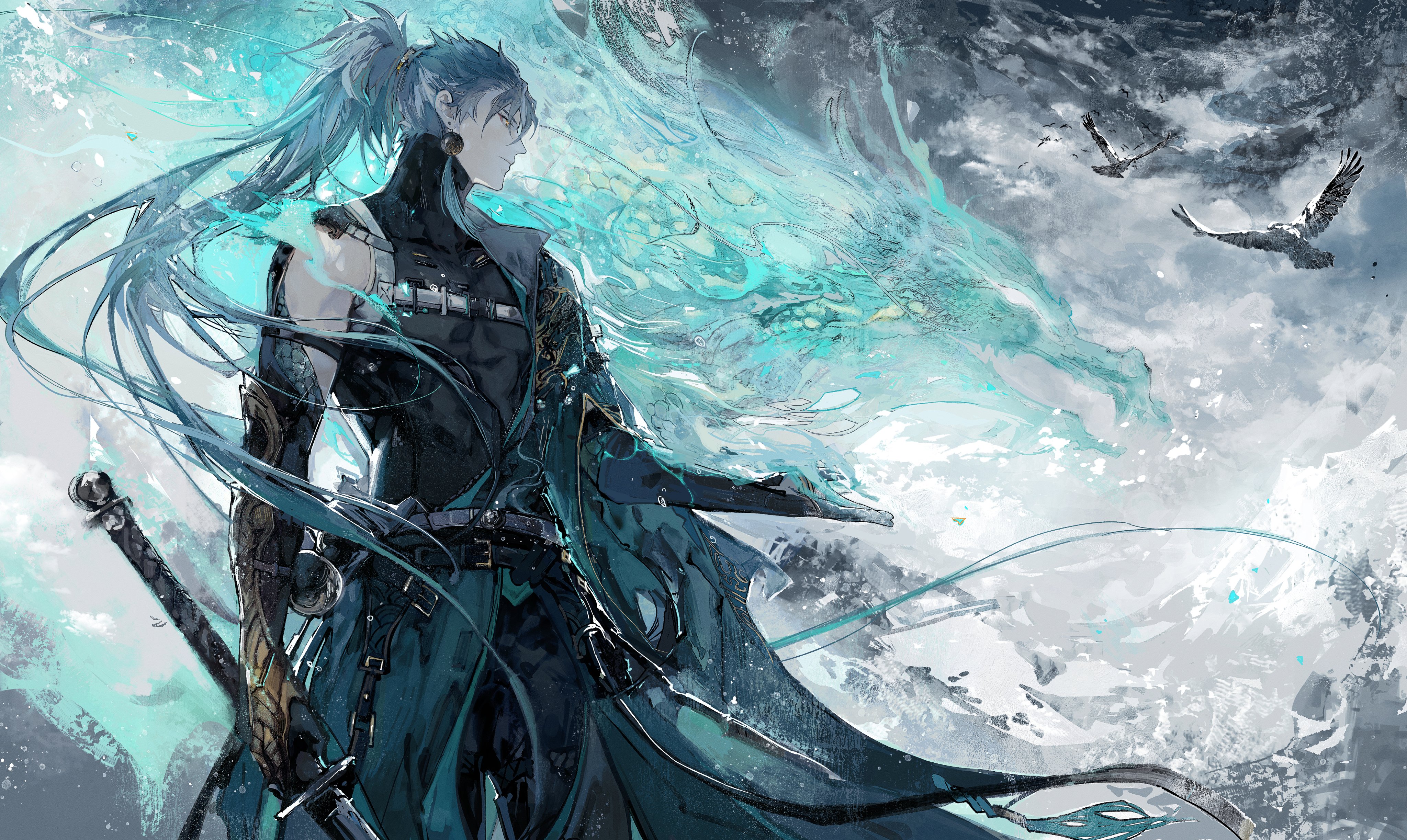 the image showcases a lone male warrior with striking blue hair cascading down his back, standing against a backdrop of a swirling, ethereal sky. he is garbed in dark, ornate armor with teal accents, suggesting a character deeply connected to a mystical element, possibly ice or wind. the warrior grips a sword at his hip, poised for action, his figure highlighted against the brighter background, creating a strong sense of drama and movement. birds, likely hawks, circle in the distance, adding to the atmosphere of wild freedom and impending conflict. the overall aesthetic blends elements of fantasy and action, hinting at a story unfolding within a world of magic and adventure.