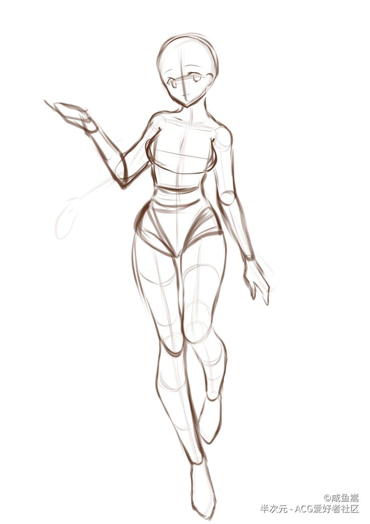 this is a sketch of an anime girl in a pose. the drawing shows the basic structure of the body, with lines for the head, torso, arms, and legs. there are lines showing where joints are, and it looks like a very basic outline of a girl in a pose, almost like a stick figure but with more detail. the image seems to be used for a tutorial on drawing anime.