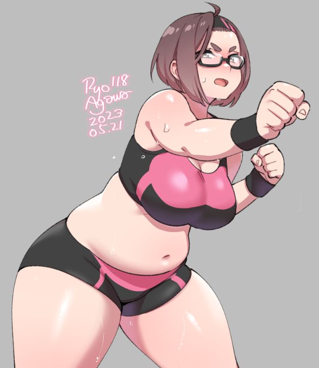 an illustration of a cute anime girl with short brown hair,  wearing a pink sports bra and black athletic shorts,  sweat drops on her skin. she is training with a determined expression, giving a punch with a serious look. the image is done in a colorful style with a slightly cartoony feel.