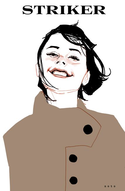 a digital portrait of a woman. she has short, black hair. she is smiling and looking upward. her eyes are closed. she is wearing a brown coat with black buttons. the background is white. there is a word "striker" in black font above her head, and the word "noto" in white font on the bottom right corner of the image.
