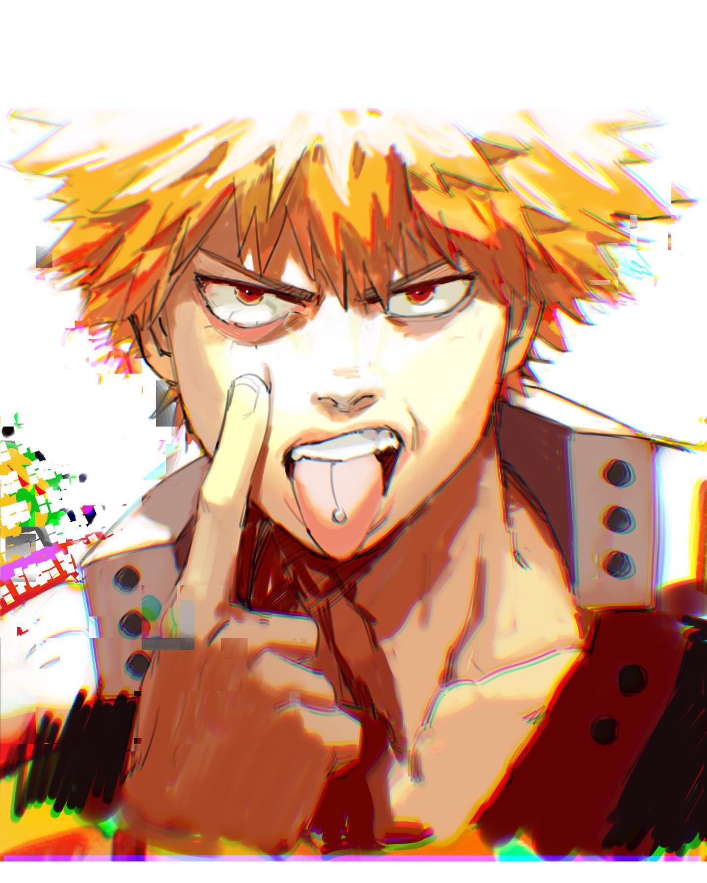a young boy with spiky blonde hair, red eyes, and a piercing on his tongue is sticking his tongue out and pointing at his face with his finger. the art style is anime. the background is a blurry mix of colors.  this image is drawn in a style reminiscent of japanese manga.