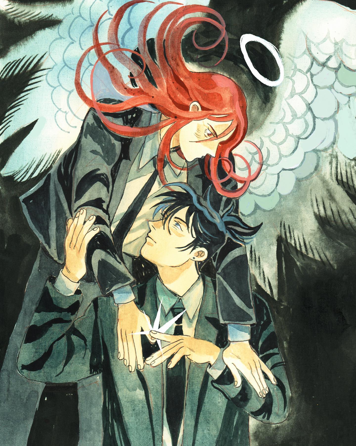 the image is a stylized artwork, possibly anime or mangainspired, depicting a romantic and somewhat mysterious scene.  a woman with long, flowing red hair and large, feathered wings (one side light, one side dark) is intimately embracing a man.  the woman appears angelic, with a halo visible near her dark wing, while the man is dressed in a suit. their poses and expressions suggest a deep connection or shared emotion. the art style uses contrasting colors and dark shading to create a dramatic and evocative mood. the overall aesthetic blends elements of fantasy and romance, with a focus on capturing emotion and atmosphere. the use of watercolor or a similar technique gives the painting a soft yet textured quality.
