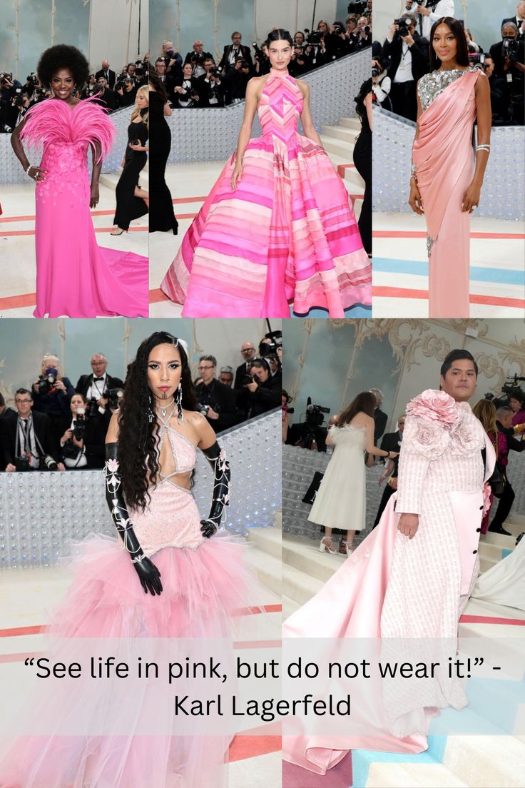 the image shows a compilation of photos featuring celebrities wearing various pink dresses at a red carpet event. below the photos is a quote by karl lagerfeld: "see life in pink, but do not wear it!".