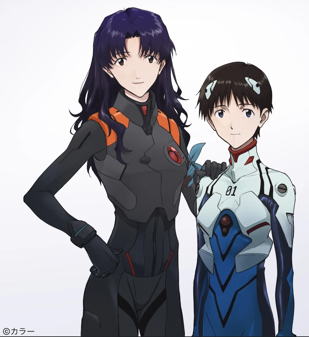 a digital illustration of two young female anime characters, one with long black hair in a black outfit and the other with brown hair and blue eyes wearing a white and blue outfit.  they stand side by side, with one arm around each other.