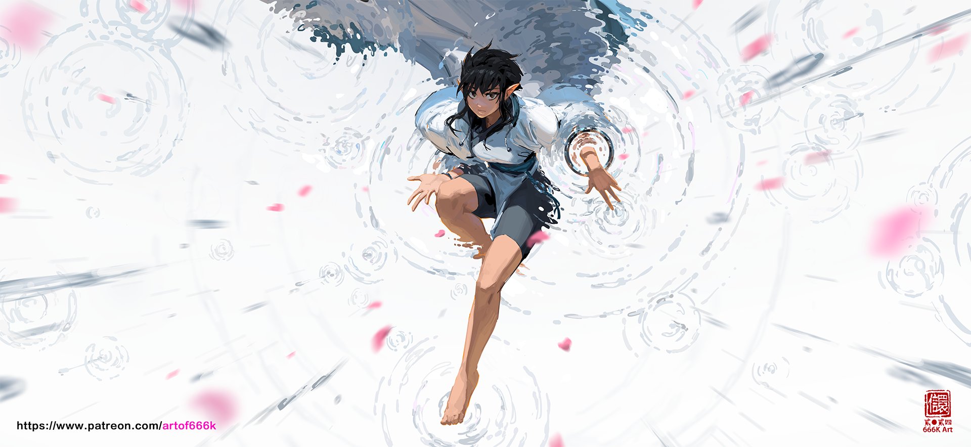 a digital painting of a young elven woman with dark hair, wearing a light blue and white outfit, standing barefoot in water with ripples spreading around her. pink petals are falling around her, and the background is a blurry wash of light colors with motion blur suggesting movement. the overall style is elegant and mystical.  the artist's watermark and patreon link are visible.