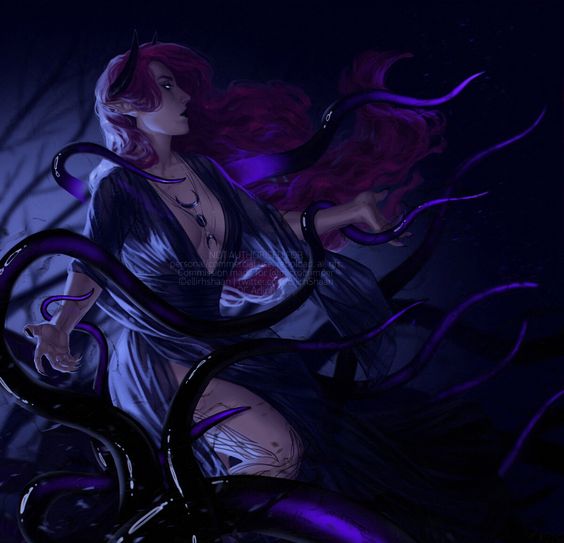 a digital illustration of a woman with long purple hair surrounded by tentacles, with a dark and creepy background.