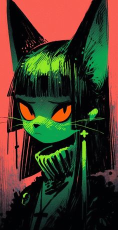 the image is a digital drawing of an animestyle girl with cat ears. she has long black hair with green highlights, and her skin is bright green. her eyes are orange. she is wearing a dark, gothicstyle outfit. the background is a dark red. the overall style of the art is dark and mysterious.