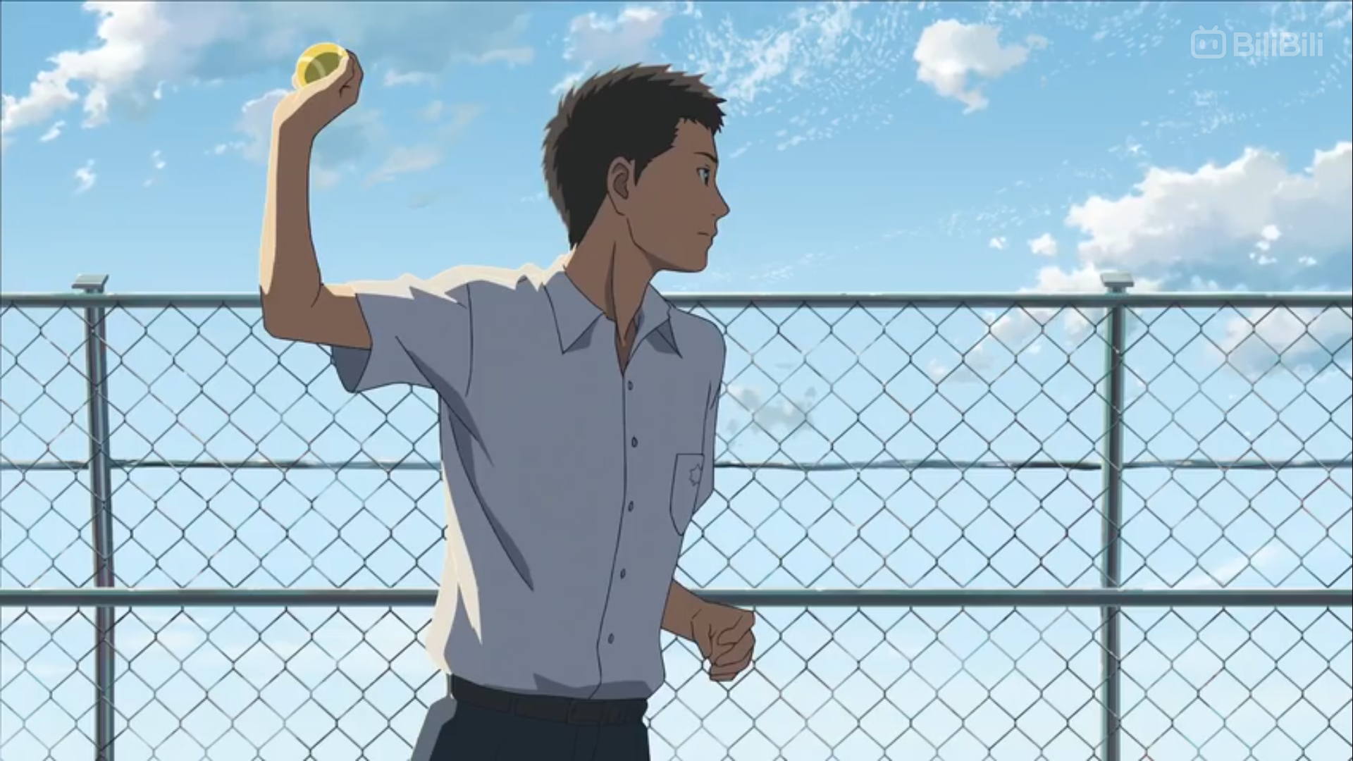 an anime drawing of a teenage boy in a school uniform throwing a ball in the air on a sunny day. he is standing in front of a chain link fence with a blue sky and fluffy white clouds in the background.
