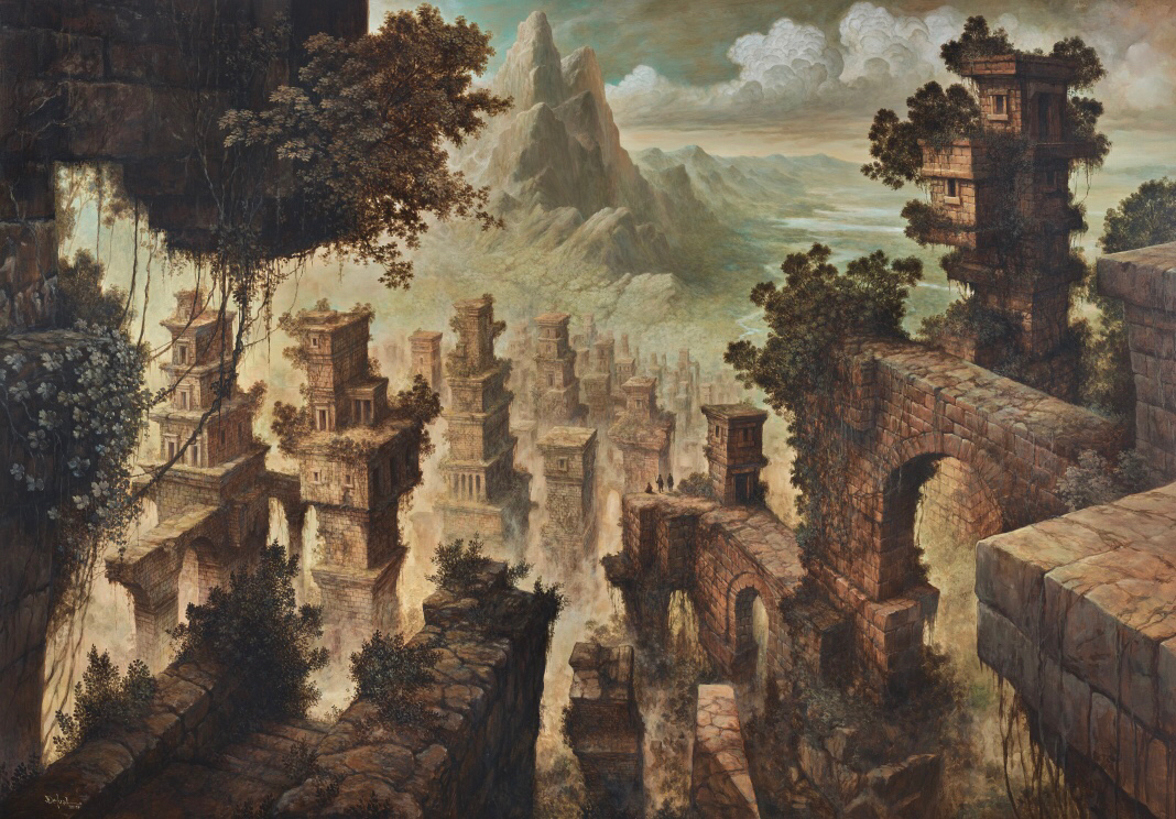 this painting depicts an ancient, overgrown city in ruins. stone structures rise from the jungle floor, some reaching high into the sky. a mountain towers in the background, and the ruins seem to stretch on endlessly into the distance. the scene is bathed in the warm light of a day.