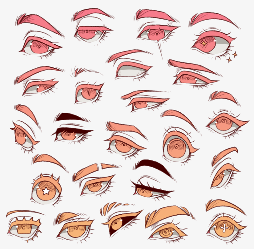 the image shows a collection of twentyfive handdrawn eyes in various styles. the eyes are depicted with different shapes, sizes, and expressions, offering a range of artistic references. some eyes are simple and realistic, while others are more stylized with added details like sparkles and exaggerated highlights. the color palette is predominantly warm, featuring peachy skin tones, golden irises, and reddish accents. this collection serves as a useful resource for artists looking to practice drawing eyes or seeking inspiration for character design.