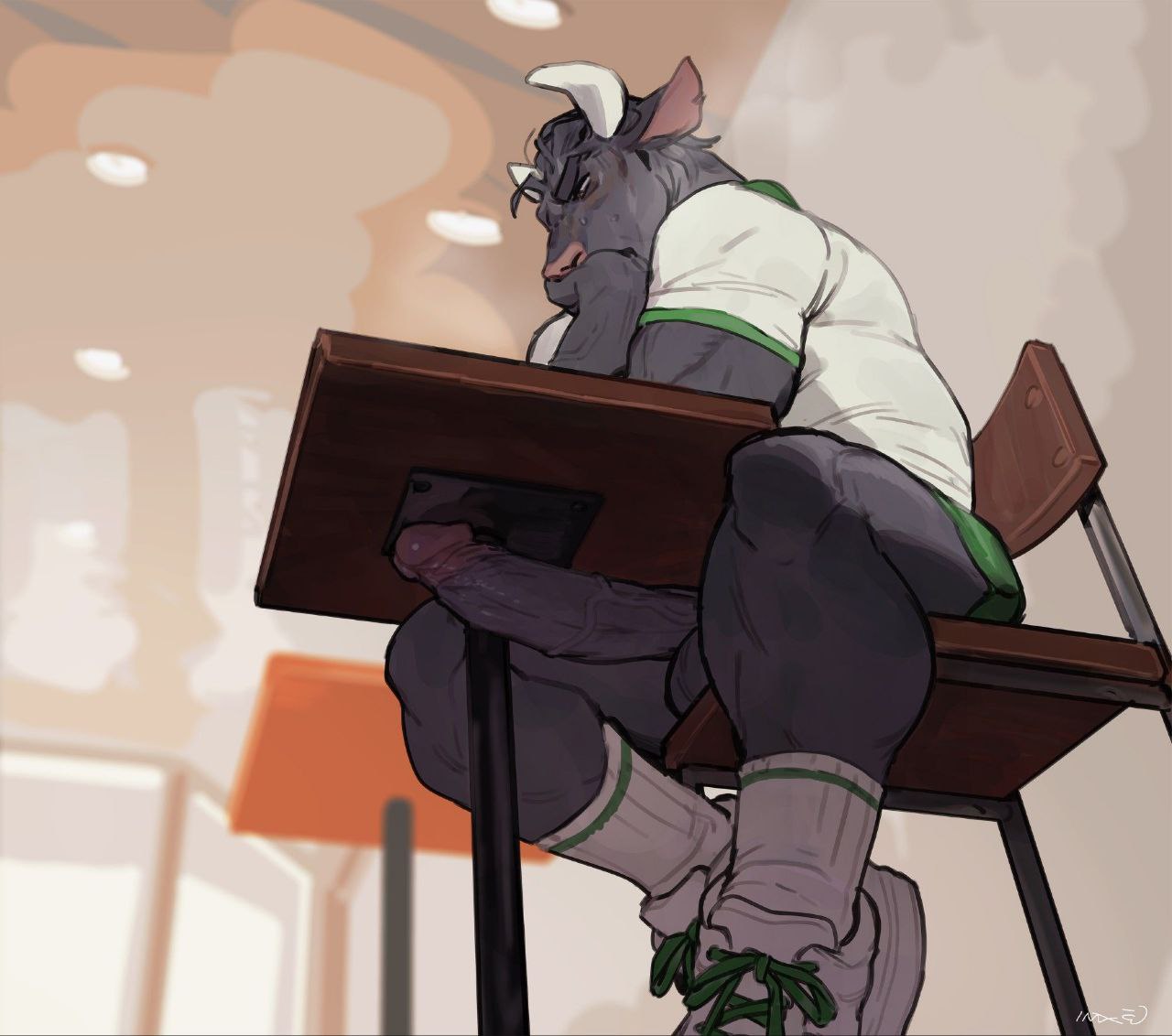 a furry minotaur with black and white horns sits at a desk in a school setting. he is wearing a green and white shirt and green shorts. he has his head resting on his hand, his hand resting on the desk. he is staring downward, looking bored. the chair he is sitting on is made of wood, as is the desk.