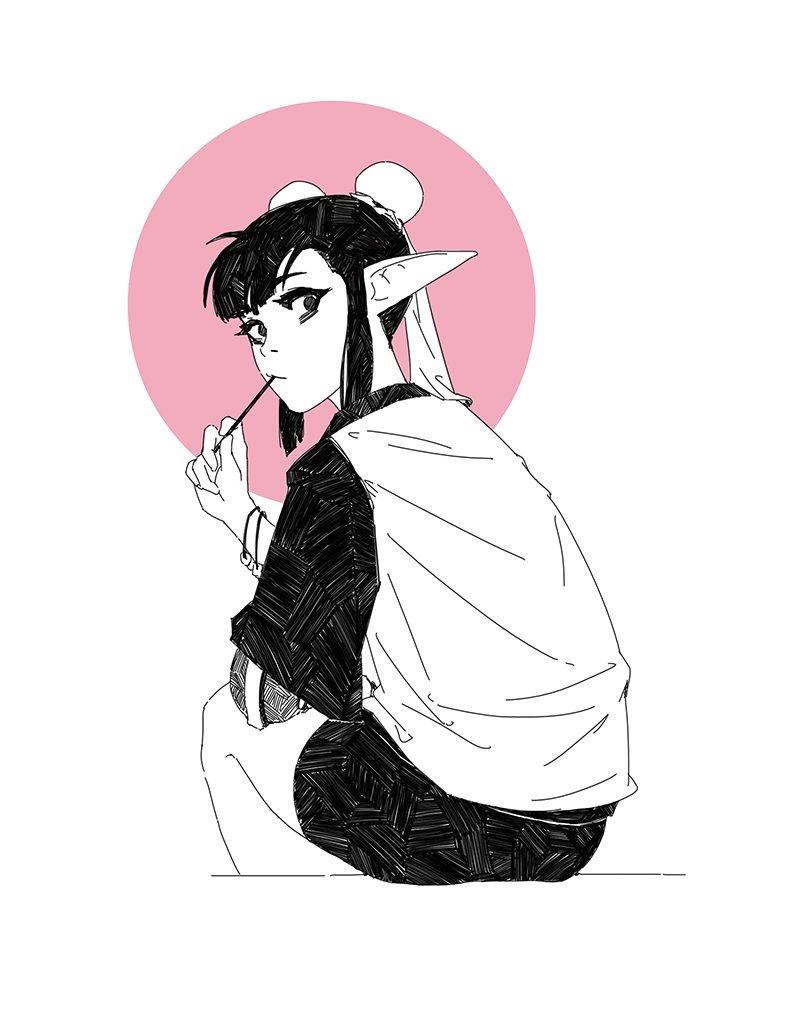 the image is a black and white drawing of an animestyle elf girl sitting down. she has long dark hair tied up in a bun with two small decorative pieces on top, and pointed elf ears. she's wearing a dark, loosefitting top with a lighter colored, longsleeved shirt or jacket underneath, and is holding a small lollipop or candy stick in her mouth.  she is sitting with her legs tucked underneath her. the background is a simple pink circle. the style of the drawing is somewhat sketchy and loose, with a focus on linework and shading. the overall mood is calm and slightly melancholic.