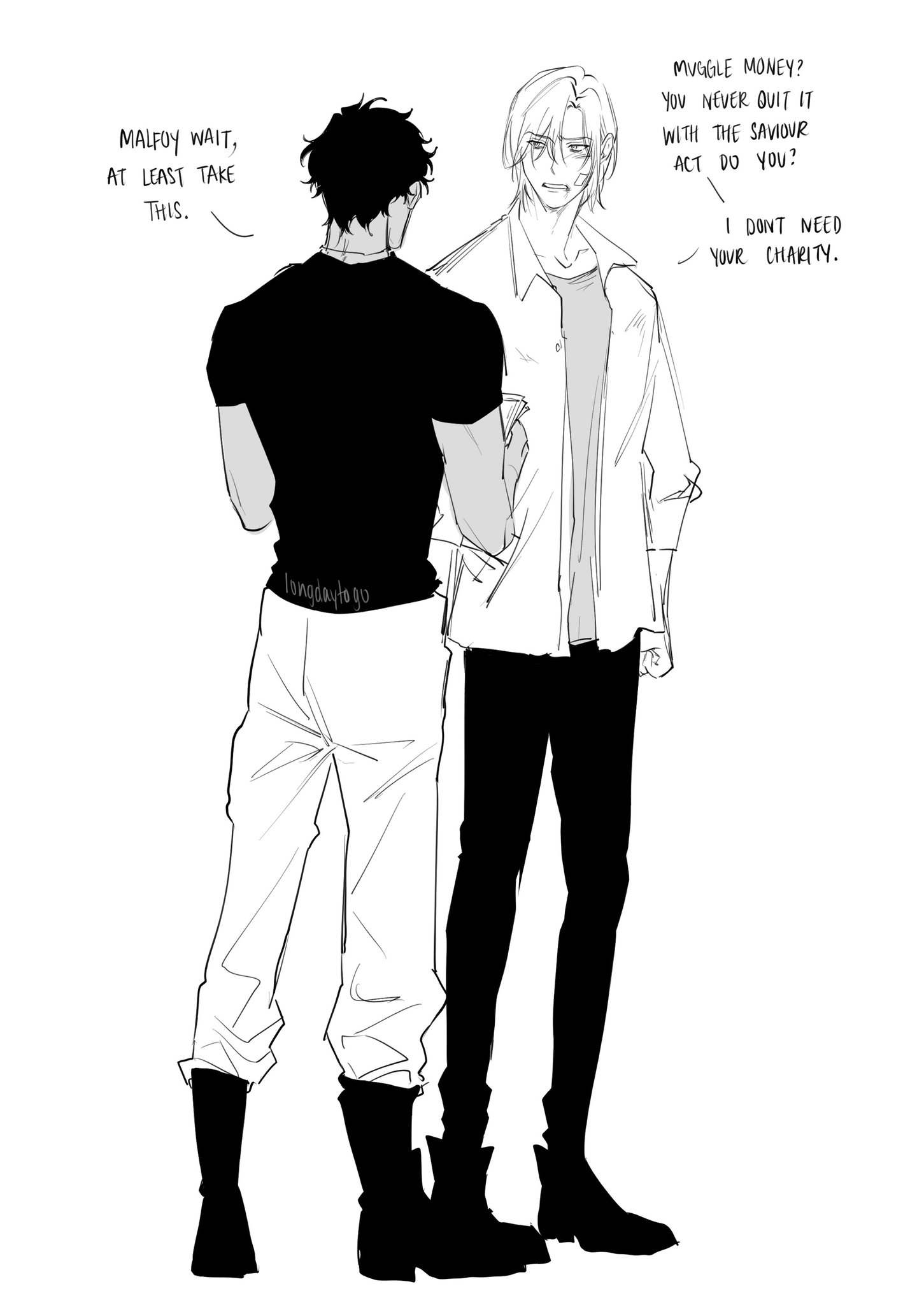 he image is a black and white fanart depicting two men, one appearing to be a character inspired by draco malfoy, in a tense conversation. the taller man, possibly representing a saviorlike figure, is rejecting money offered by the other.  the art style is reminiscent of manga or anime, with expressive linework and dynamic poses.  speech bubbles reveal a dialogue filled with underlying tension and emotional conflict, referencing "muggle money" and rejecting "charity." the scene suggests a complex relationship between the two characters.