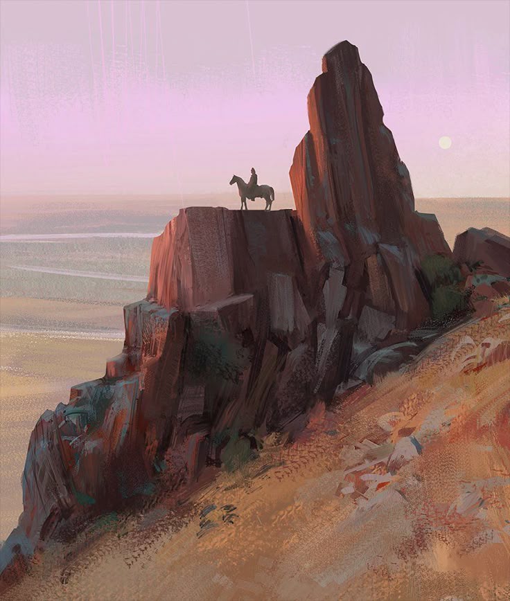 the image depicts a silhouette of a rider on horseback standing atop a cliff edge, overlooking a vast landscape during a sunset. the sky is painted in shades of pink, with the sun or moon visible on the horizon. the rocky mountain features prominent formations and textures, with the foreground showing a rough, desertlike terrain. the overall composition evokes a sense of adventure, solitude, and the vastness of nature.