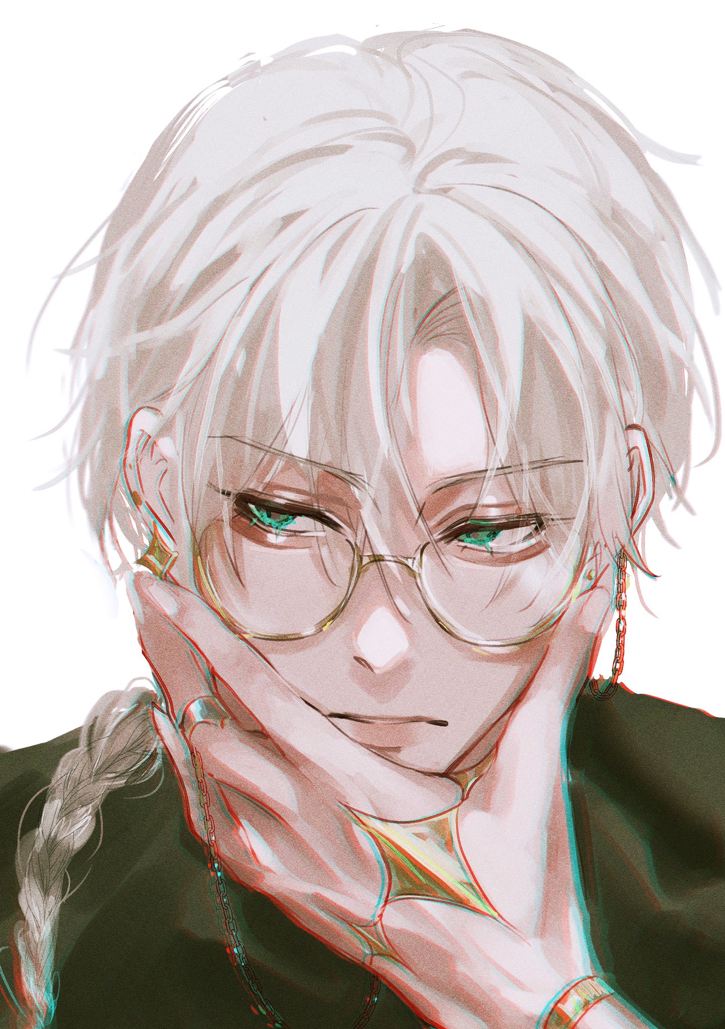 an animestyle portrait of a young man with white hair, glasses, and gold jewelry. he is looking at the viewer with a serious expression. his hands are cupped around his face, and he is wearing a black shirt.