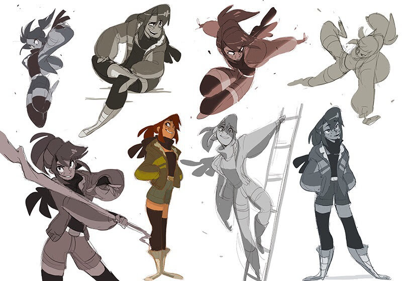 the image shows a collection of sketches of female anime characters in various poses and outfits. the characters are drawn in a stylized, slightly cartoonish style. some of the characters are in action poses, while others are more relaxed. the sketches are done in shades of gray and brown. there is one character holding a large stick, one character standing with their hands in their pockets, one character in a jumping pose, one character leaning on a ladder, one character sitting with their knees up and another character standing in an action pose. overall, the image is a fun and energetic exploration of anime character design.