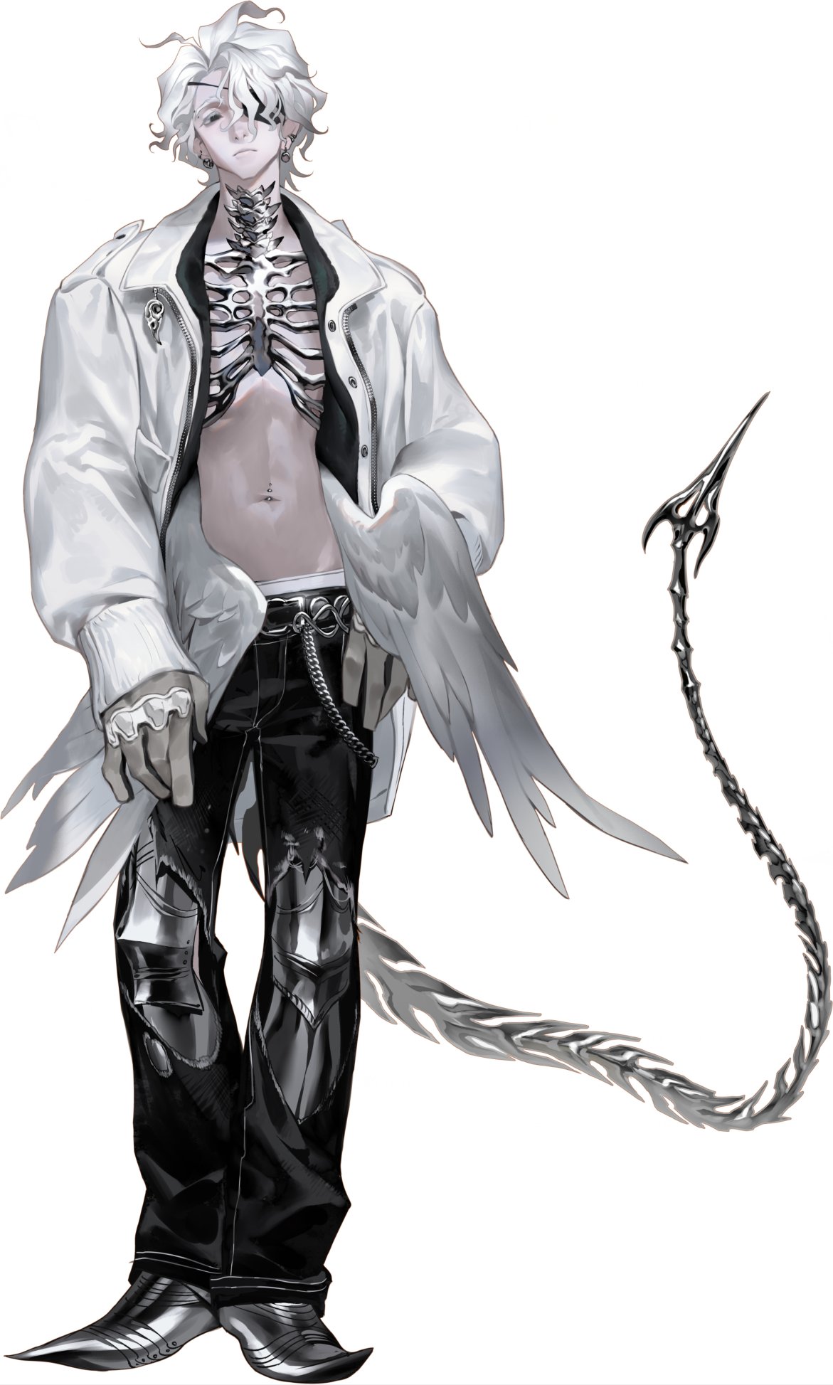 the image shows a male anime character with white hair, wearing a white jacket with a skeleton design on the inside, black pants with a silver belt and chain. he also has a tail that is made of silver bones, and white wings. the character is standing with his hands on his hips, looking forward, and is drawn in a digital art style.