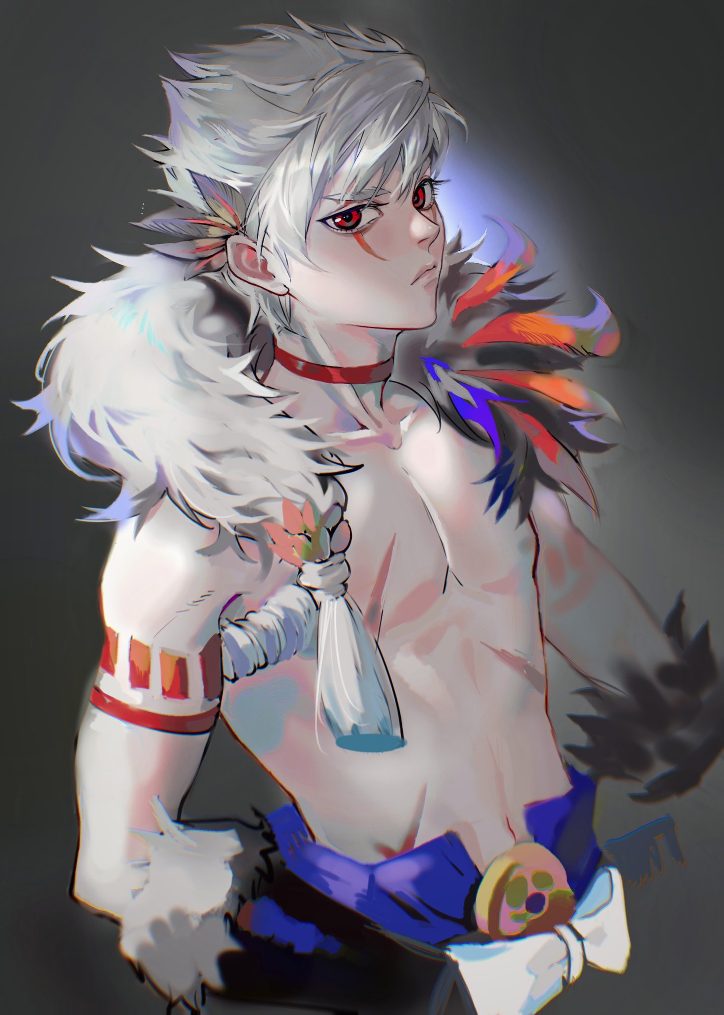 this is a digital art illustration of an animestyle male character. he has white hair, red eyes, and a fierce expression on his face. he is wearing a red choker necklace and a blue and purple wrap around his waist. the image is set against a grey background.