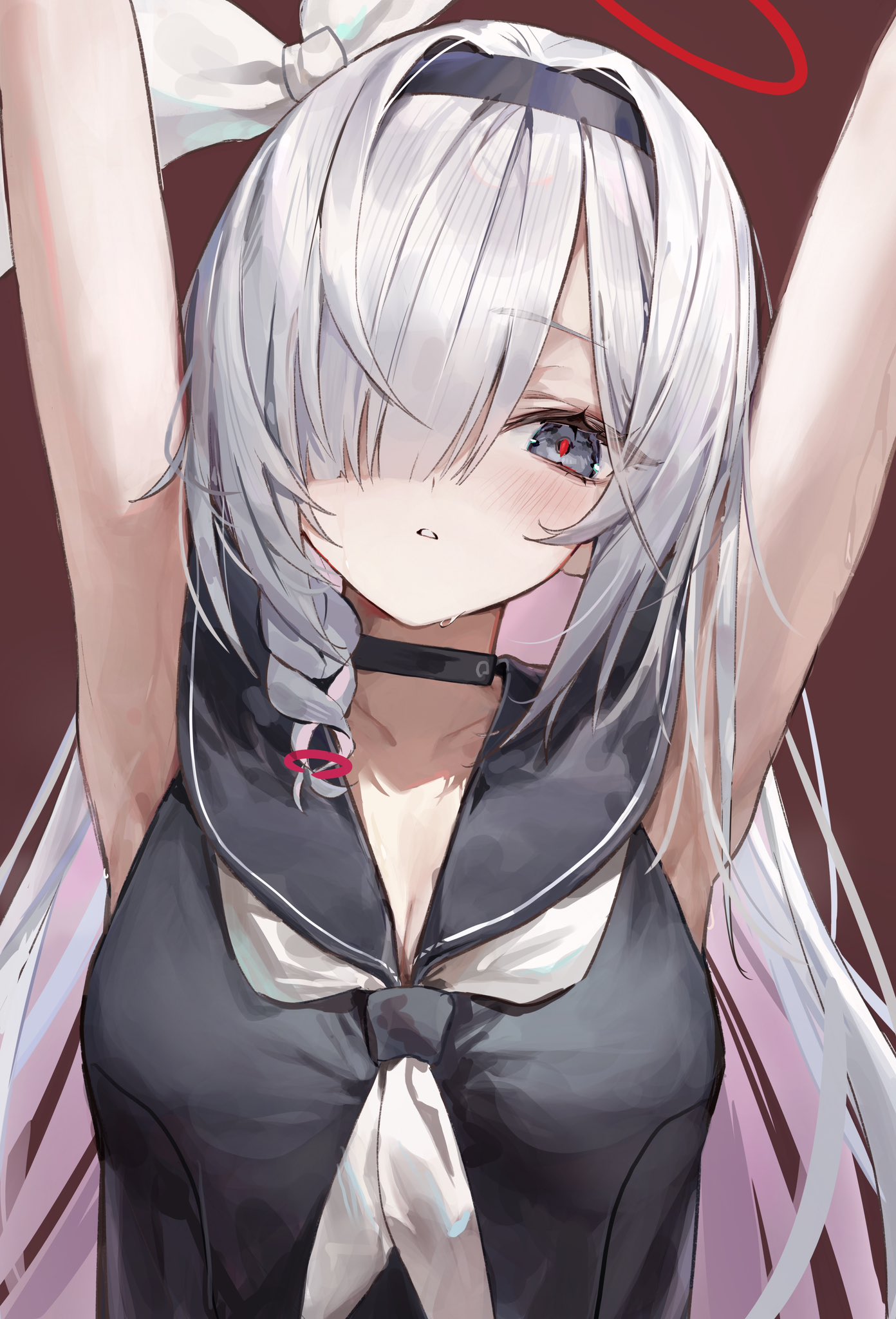 the image is a digital animestyle artwork depicting a young girl with long, mostly white hair with hints of pink at the ends, styled in loose braids or pigtails. she's wearing a darkcolored sailorstyle uniform with a white bow tie.  her expression is one of sadness or upset, with tears visible on her face.  she has red eyes and is wearing a black choker.  a red halo is partially visible behind her head. the style is reminiscent of digital manga artwork.  her arms are raised above her head.