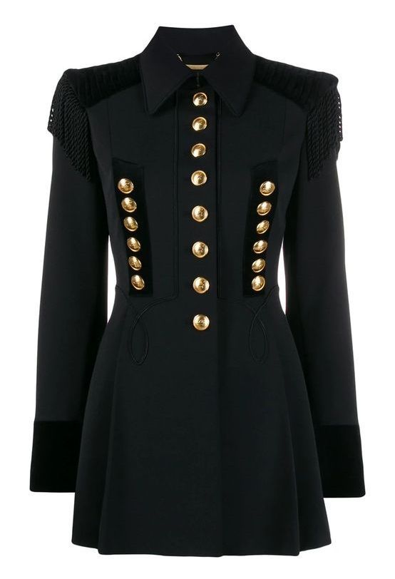 a black militarystyle coat with gold buttons and epaulettes. the coat has long sleeves, a collared neckline, and a fitted waist. it features an aline silhouette. the coat also has velvet accents on the epaulettes and cuffs.