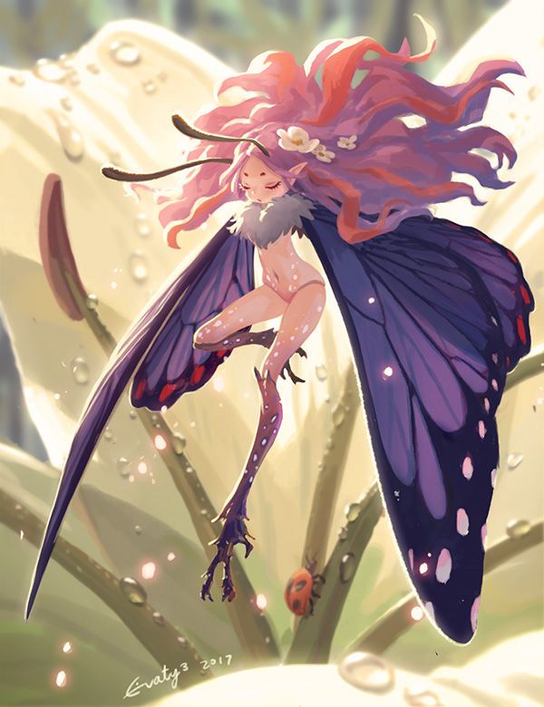 a drawing of a fairy with pink and purple hair wearing wings and a fur collar and flowers in her hair stands in front of a large flower with dewdrops and a ladybug crawling on it. the fairy has antennae and is facing forward and slightly downward.