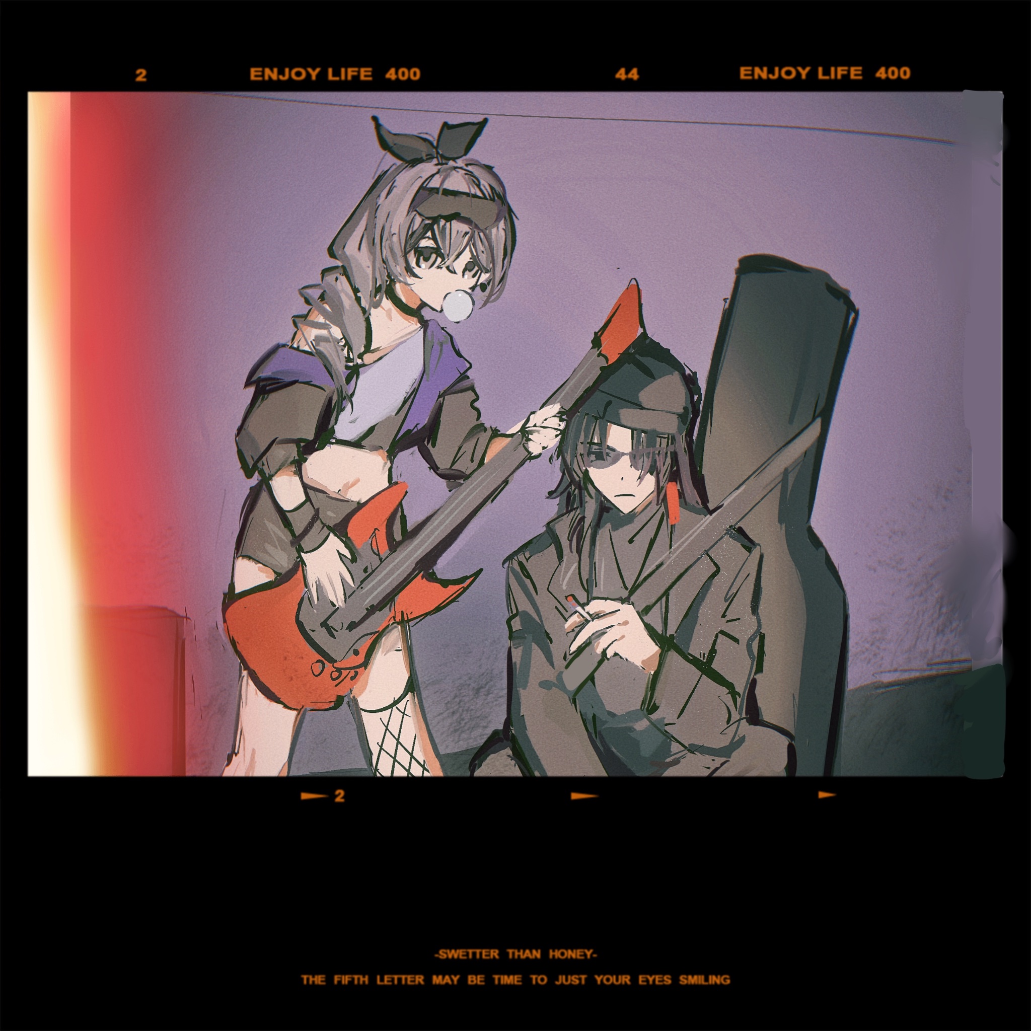 a drawing of two anime characters, a girl with a guitar and a boy with a bass. the girl is wearing a purple shirt and ripped jeans and the boy is wearing a dark suit. they both have dark hair and they look cool. the drawing has a photo filter effect with a vintage feel.