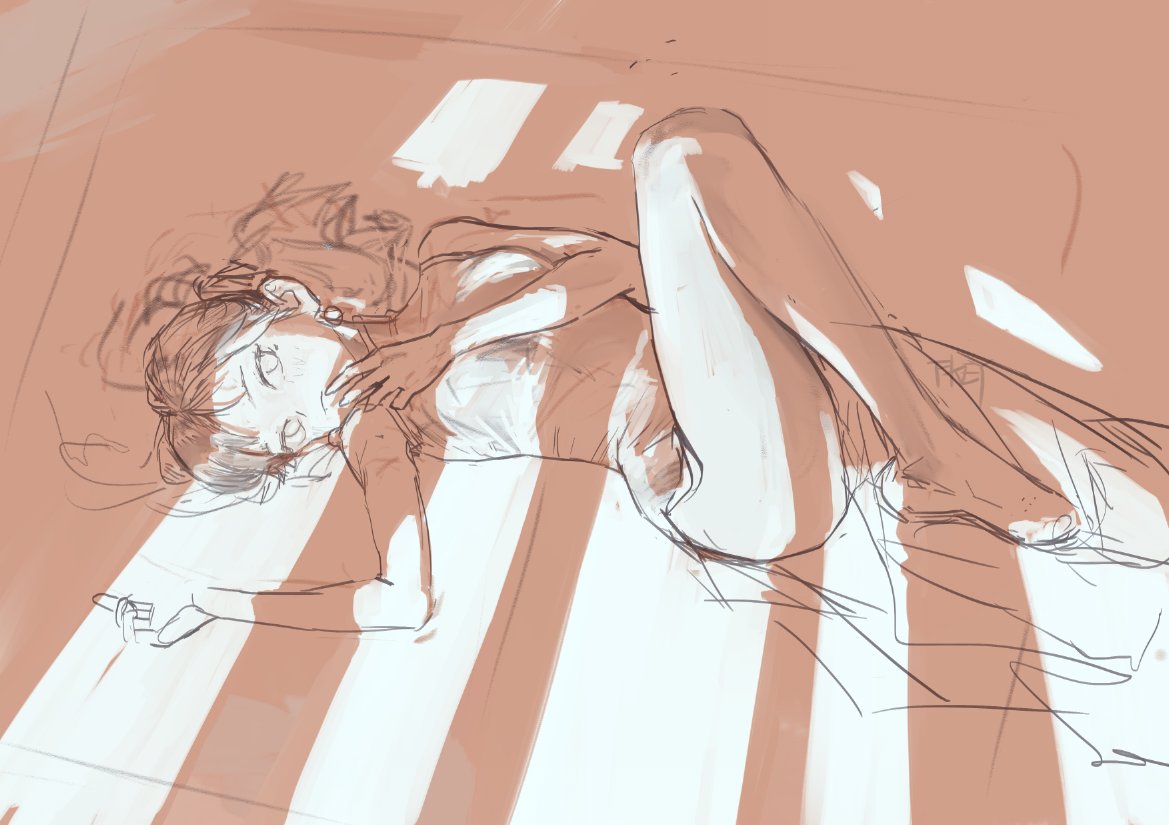 a sketchstyle drawing of a woman lying on a bed, with sunlight and shadows creating patterns across her body and the bedding. she is resting her hand on her face.