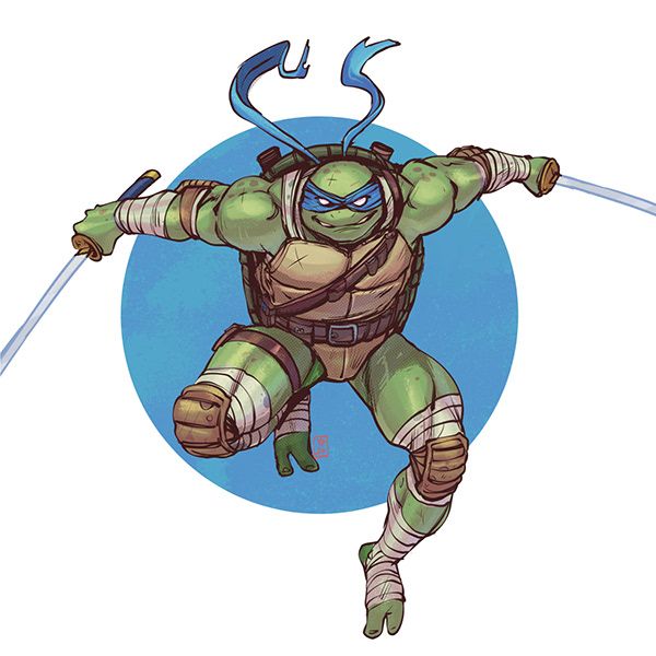 an illustration of leonardo from the teenage mutant ninja turtles. he is in the midst of striking with his katana, which has blue wrappings. he is wearing his signature blue bandana, his brown shell, and green skin. his leg is bent and his eyes are open with a determined look. behind him is a blue circle.