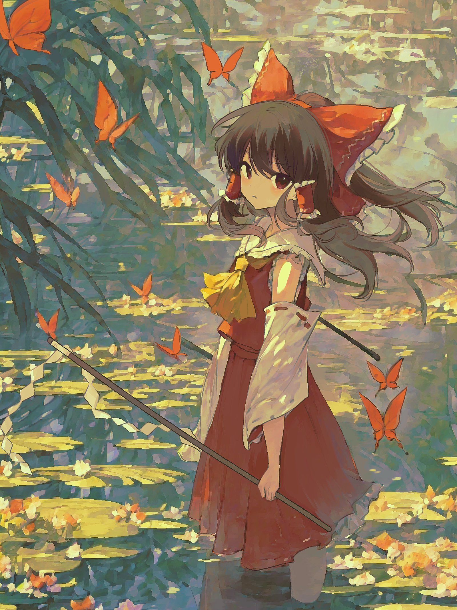 the image is a digital painting of an animestyle girl in a red dress and traditional japanese clothing.  she has long brown hair and a red bow. she is standing in a pond filled with water lilies and surrounded by orange butterflies. the style is whimsical and dreamy with soft colors and a slightly hazy atmosphere. the overall feel is peaceful and mystical. the girl is holding what appears to be two long staffs or wands.  the background suggests a serene outdoor setting with lush vegetation.