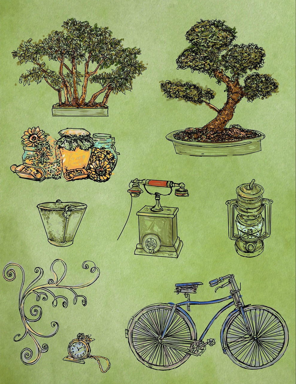 the image features a collection of vintagestyle illustrations on a textured green background. there are two bonsai trees, sunflowers in jars, a metal bucket, an oldfashioned telephone, a lantern, a decorative scroll, a pocket watch, and a blue bicycle. the style is reminiscent of a handdrawn sketch with some color added.