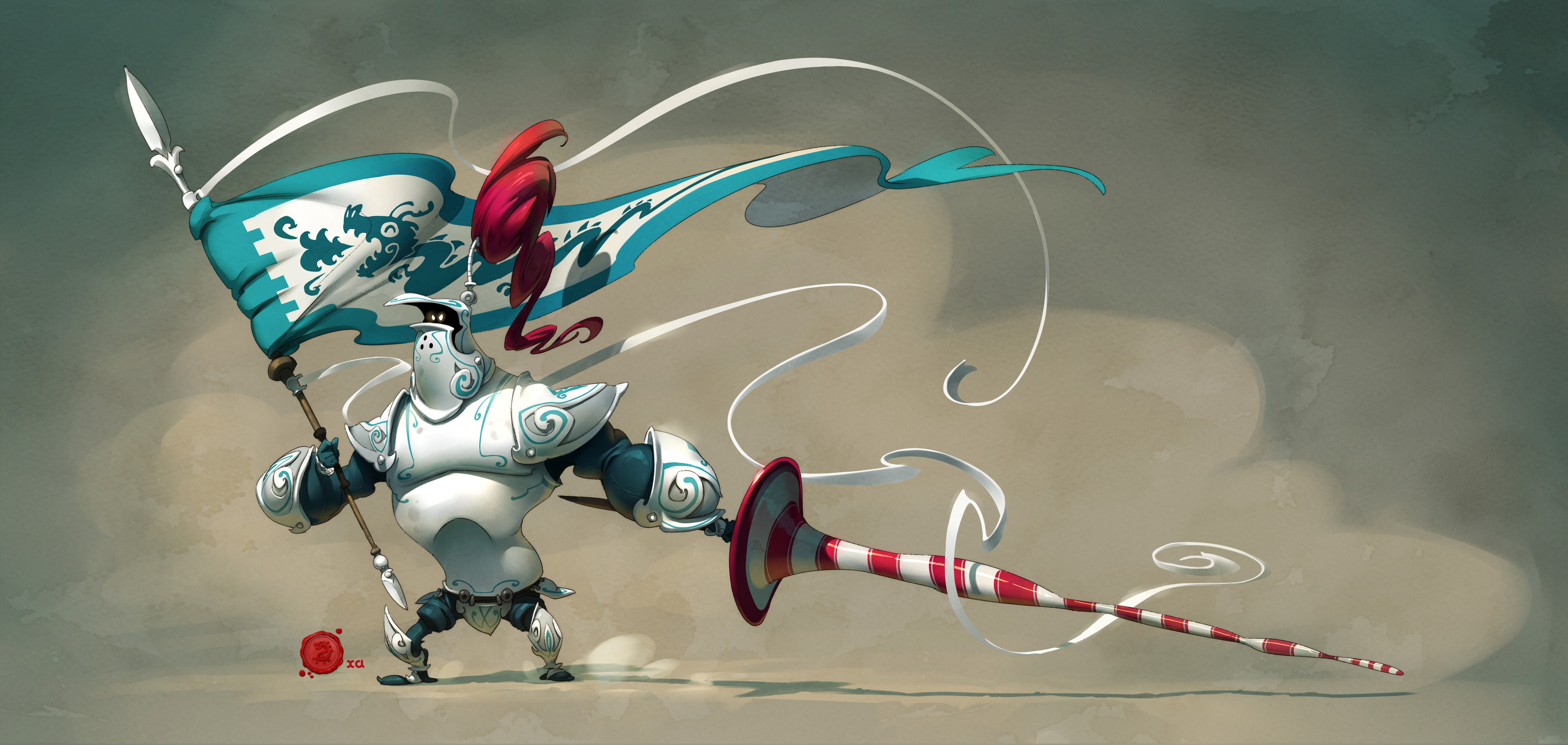 a cartoon illustration of a knight in white armor holding a flag and a candy canelike weapon.  he is standing on a sandy background with a white and red ribbon trailing behind his candy cane.